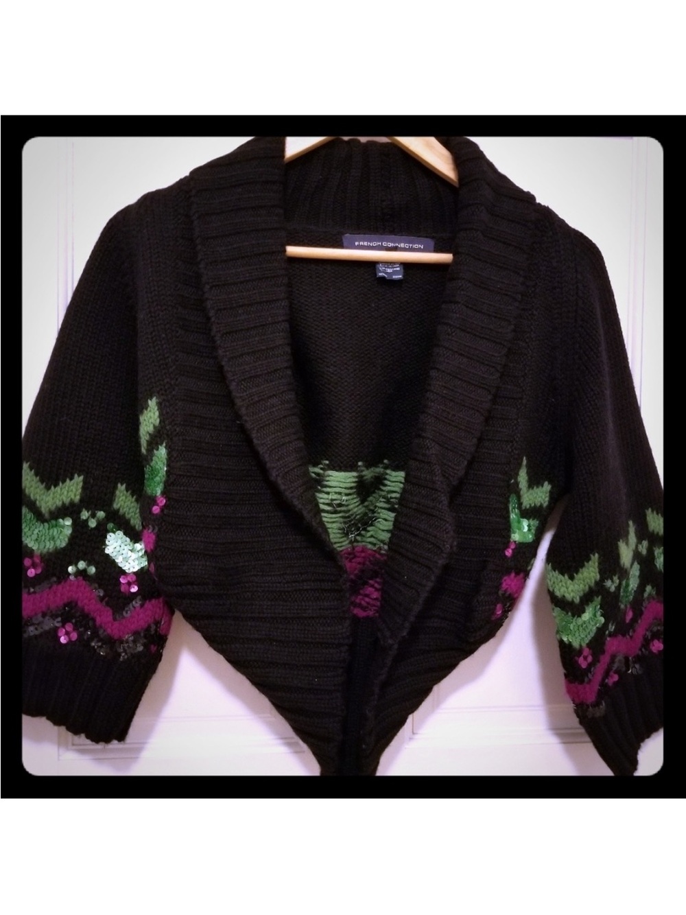 French Connection Black Shawl Cardigan with Green & Purple Sequin Detail